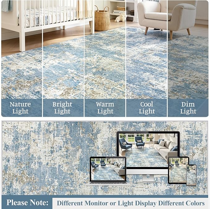 5x7 Area Rugs Living Room Rug Modern Abstract Neutral Washable Rugs Non Slip Soft Carpet Large Area Rug Low Pile Stain Resistant Non Shedding for Bedroom Nursery Dining Room Home Office Blue