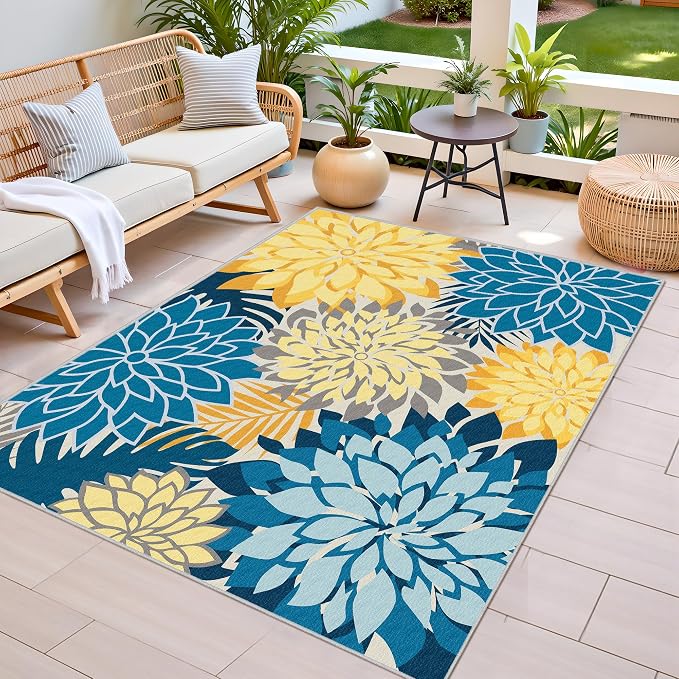 Colorful 5x8 Outdoor Area Rug Washable Multicolored Patio Rug Tropical Botanical Floral Chenille Waterproof Outdoor Carpet for Living Room, Deck, Backyard, Porch, Ocean Dahlia