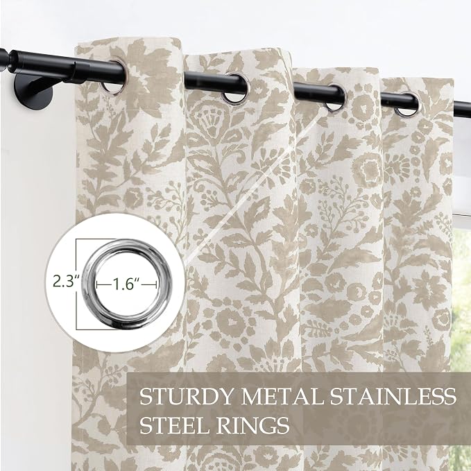DriftAway Julia 100% Blackout Curtains Grommet 2 Panels, W52xL90, Beige | Floral Curtains, Bedroom, Living Room, Linen Blend, Watercolor Pattern, 2 Layers, Thermal Insulated, Window Treatment