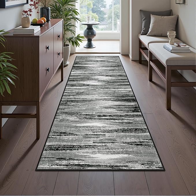 2x6 Runner Rug Non Slip,Washable Hallway Runner Rug,Black | Neutral Rugs for Kitchen,Entryway,Bedroom,Bathroom,Nursery Room,Thin,Soft Runner Rug,Stain Resistant Indoor Carpet