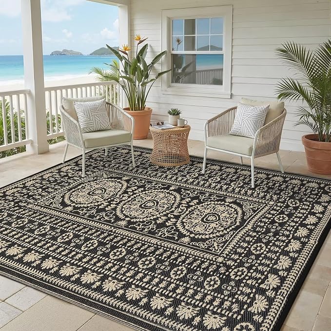 Garvee Reversible Outdoor Rug 6x9 for Patio, Waterproof Outdoor Area Rug, Modern Medallion Indoor Outdoor Rugs, Plastic Straw Rug for RV, Camping, Deck, Vintage Brown