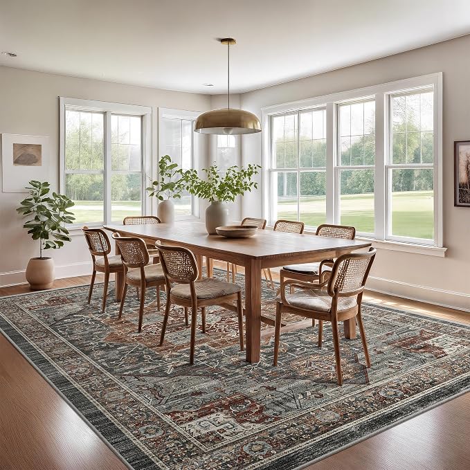 Roxstand 8x10 Washable Area Rugs, Vintage Non Slip Rug, Grey/Brown/Tan | Low Pile, Non-Slip Backing, Stain Resistant, Pet & Kid Friendly, Carpet for Living Room Bedroom Dining Room Home Decor