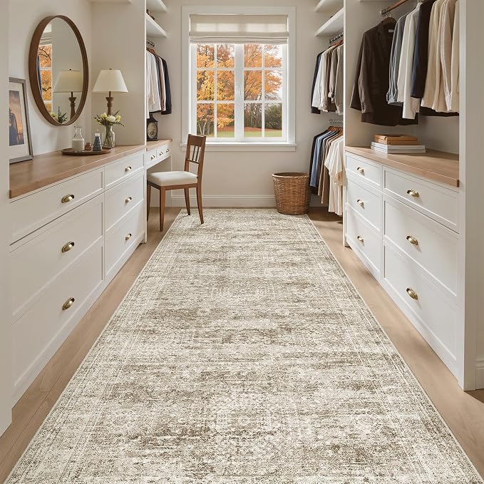 Soalmost 4x10 Wide Hallway Runner Rug: Washable Soft Rug Runners for Living Room Bedroom Ktichen, Stain Resistant Low Pile Area Rugs Non Slip Floor Carpet (Brown, 4x10)