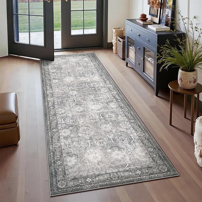 Runner Rug, Washable Non Slip Low Pile Kitchen Runner, Soft Boho Modern Rug for Hallways, Bedroom, 2x6, Distressed Grey