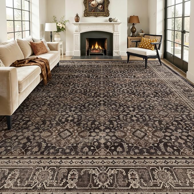 Brown Black 9x12 Rugs for Living Room, Vintage Farmhouse Large Rugs for Bedroom with Moroccan Floral Trellis Pattern, Washable Non Slip Ultra Thin Carpet Rug for Dining Room, Earthy Dark Wood