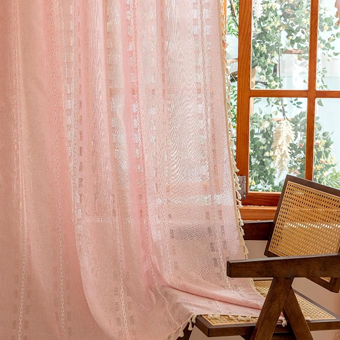 Pink Boho Semi Sheer Curtains 63 inch Length 2 Panel Set for Bedroom & Farmhouse, Bohemian Light Filtering Privacy Drapes Beige Tassels Shabby Chic Embroidery Window Curtains Back Tab & Rod pocket