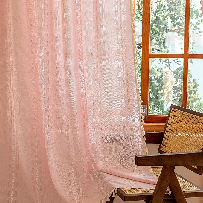 Pink Boho 96 inch Curtains 2 Panel Set for Living Room Dining room Floor to Ceiling, Girl Light Filtering Tassels Privacy Country Vintage Embroidery Bohemian Stripes Window Treatment Back Tab, 50"W