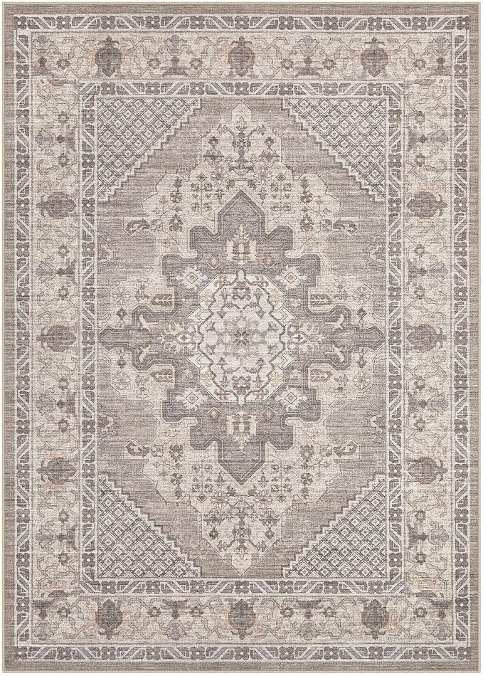 Tortania Area Rug Living Room Rugs - 7x9 Washable Boho Rug Vintage Oriental Distressed Farmhouse Large Thin Indoor Carpet for Living Room Bedroom Under Dining Table Home Office - Taupe Brown