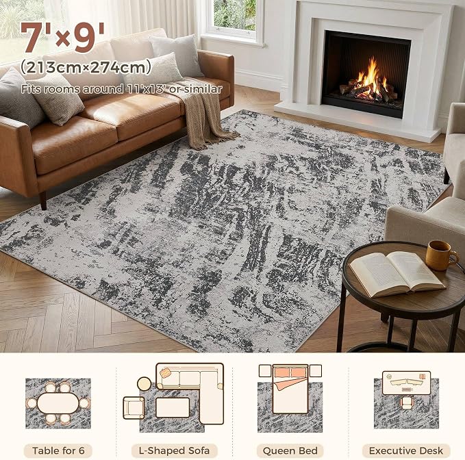 DMOYEST 7x9 Washable Area Rug: Abstract Modern Non-Slip Carpet, Soft Low Pile Indoor Neutral Easy Clean Floor Rugs for Living Room Bedroom Dining Room Kids & Pets - Black