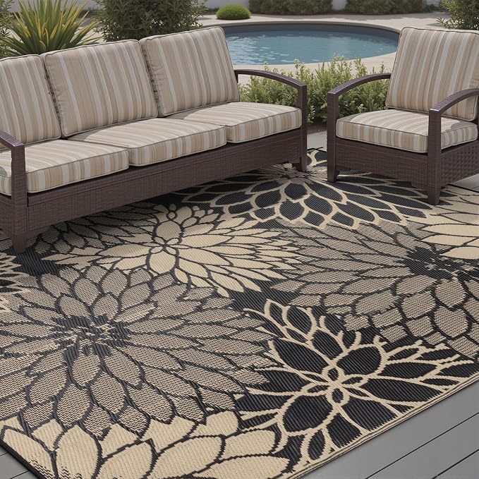 HUGEAR 5'x8' Outdoor Rug Waterproof Plastic Straw Rugs Brown Reversible Floral Mat Floor Carpet for Camping RV Deck Entryance Porch Picnic Balcony Beach Backyard