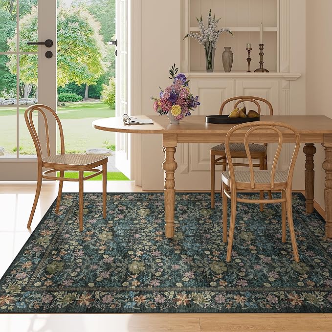 DUKINO 3x5 Rug, Washable Vintage Floral Bedroom Area Rug Non Slip, Blue | Low Pile, Non-Shedding, Aesthetic Lightweight Soft Indoor Small Carpet for Bathroom Entryway Living Room Office Farmhouse