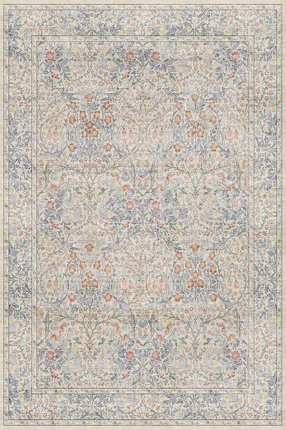 Hazo Haus Vintage Washable Beige Blue Area Rugs for Bedroom Under Bed, Living Room, Nursery, Kitchen, Entryway, Low Pile Non Slip Stain Resistance Distressed Retro Indoor (Beige Blue, 4 x 6)