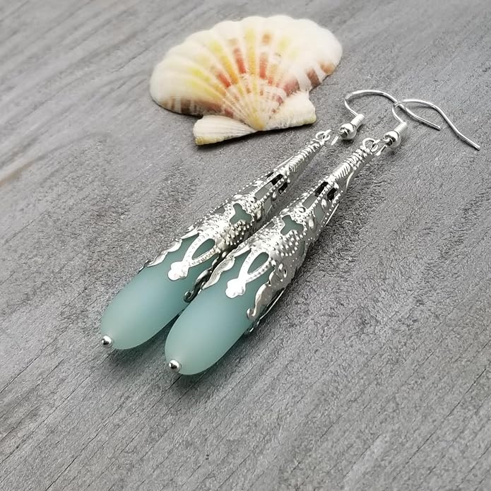 Handmade Sea Glass Earrings, Hawaiian Jewelry for Women, Long Teardrop Earrings Beach Jewelry, Sea Glass Jewelry For Women Birthday Gift For Her