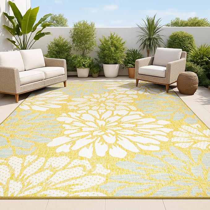JONATHAN Y Floral Textured Weave Indoor Outdoor Area Rug 9X12 Yellow/Cream, Zinnia Modern for Backyard, Patio, Porch, Easy-Cleaning, High Traffic, Pet-Friendly, Non-Shedding (SMB110G-9)