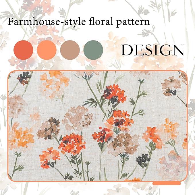 MYSKY HOME Orange Linen Floral Curtains Semi Sheer Grommet Drapes Light Filtering & Privacy Protect, Farmhouse Window Treatments for Bedroom Living/Dining Room,52"x95",2 Pcs