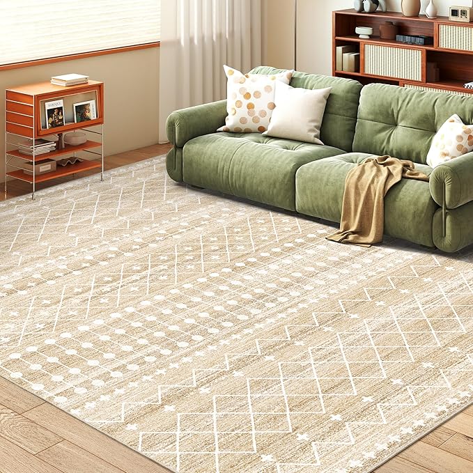 Miukiki 5x7 Area Rug for Living Room Moroccan Washable Rugs Non Slip Indoor Floor Carpet Foldable Large Soft Area Rug for Dining Room Bedroom with Low Pile(Beige,5'x7')