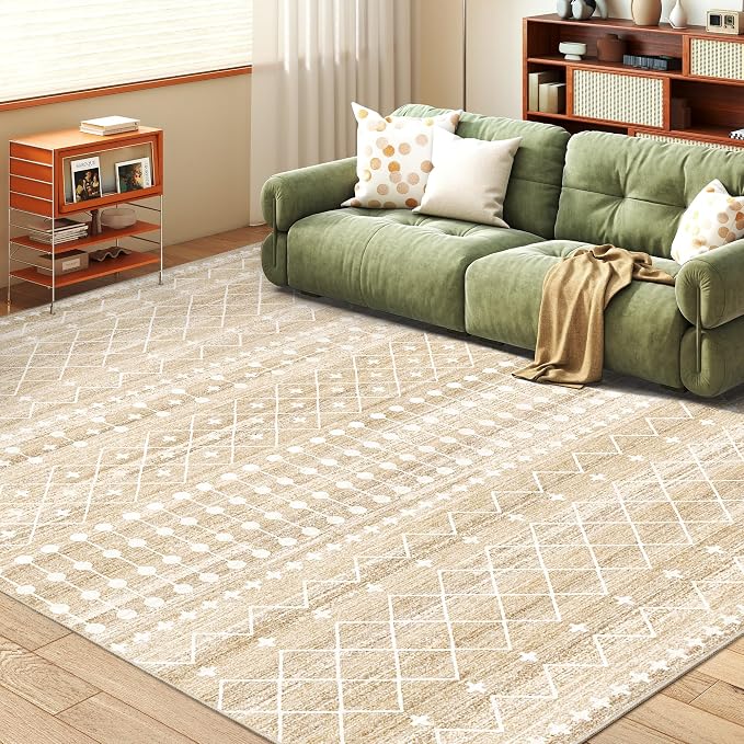 Miukiki 6x9 Area Rug for Living Room Moroccan Washable Rugs Non Slip Indoor Floor Carpet Foldable Large Soft Area Rug for Dining Room Bedroom with Low Pile(Beige,6'x9')