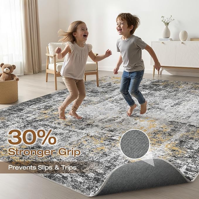 10x14 Area Rugs Living Room: Washable Large Neutral Rug Abstract Soft Modern Stain Resistant Indoor Floor Non-Slip Carpet for Bedroom Nursery Kids Office Playroom Dining Room Under Table- Black Gold