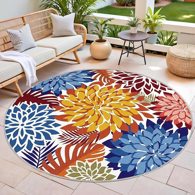 Colorful 6FT Outdoor Round Area Rug Washable Rugs Multicolored Patio Rug Tropical Botanical Floral Chenille Waterproof Outdoor Carpet for RV, Pool Deck, Backyard, Porch, Vivid Dahlia