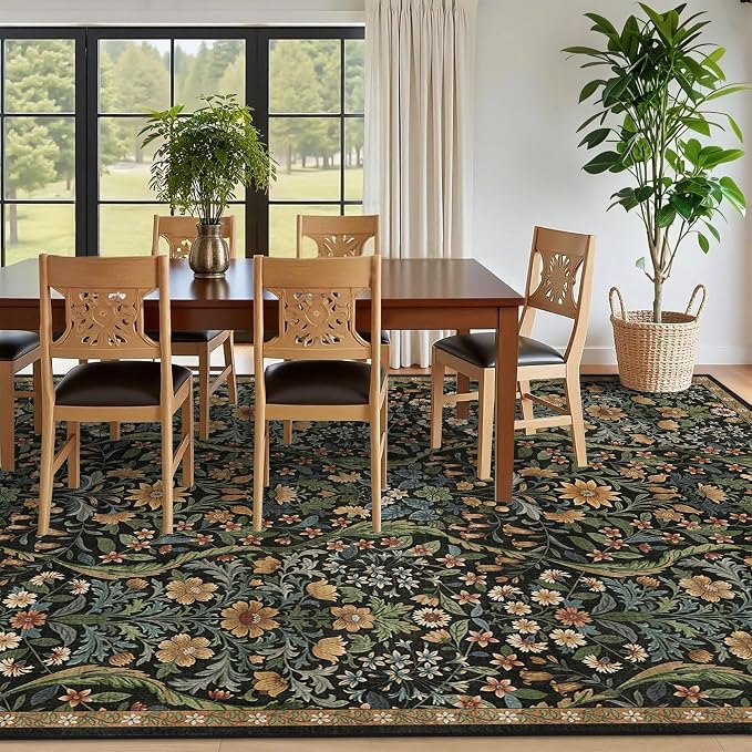 8x10 Washable Area Rug for Living Room, Large Vintage Black Brown Floral Rugs, Soft Non-Slip Stain Resistant Boho Lightweight Carpet for Girls Bedroom Dining Room Nursery Home Office