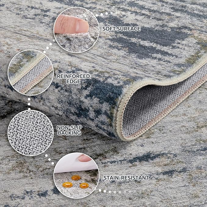 DMOYEST Area Rug Living Room Rugs - 10x12 Washable Large Soft Indoor Neutral Modern Abstract Low Pile Rug Carpet for Bedroom Dining Room Farmhouse Home Office - Blue/Grey/Brown