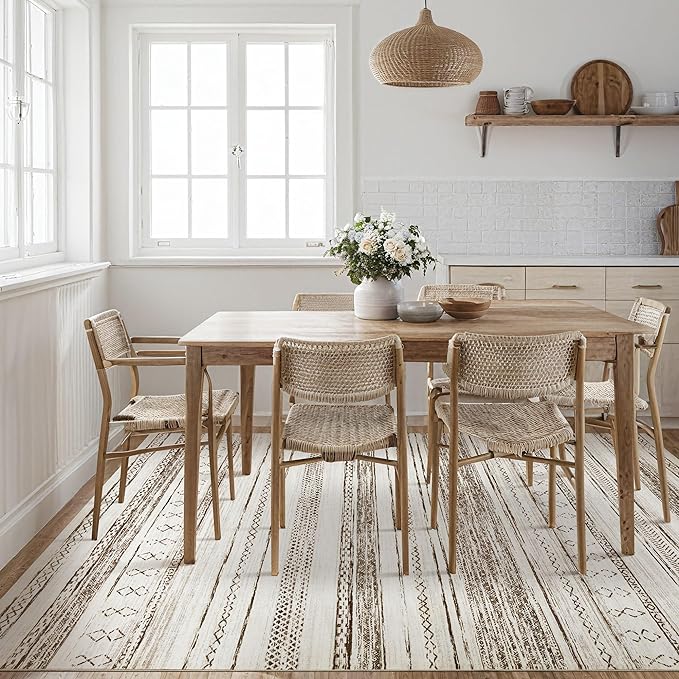 Tortania Area Rug Living Room Rugs - 9x12 Washable Large Soft Neutral Boho Moroccan Bohemian Farmhouse Rug Indoor Floor Carpet for Bedroom Under Dining Table Home Office Decor - Cream Brown