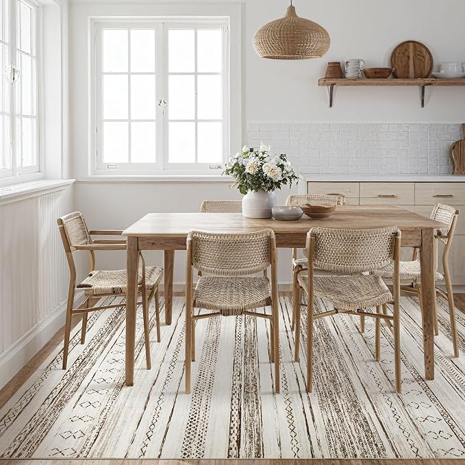 Tortania Area Rug Living Room Rugs - 6x9 Washable Large Soft Neutral Boho Moroccan Bohemian Farmhouse Rug Indoor Floor Carpet for Bedroom Under Dining Table Home Office Decor - Cream Brown