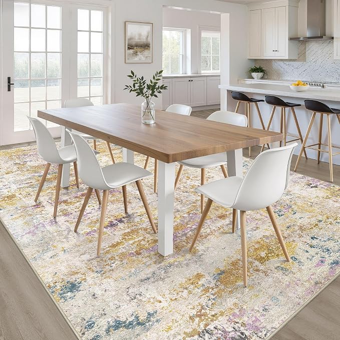 7x9 Area Rug Living Room: Washable Large Neutral Rug Abstract Soft Modern Stain Resistant Indoor Floor Non-Slip Carpet for Bedroom Nursery Kids Classroom Playroom Dining Room- Gold Multi