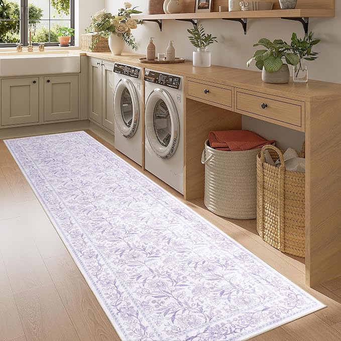 DUKINO 2x8 Runner Rug, Washable Vintage Floral Kitchen Rugs, Purple | Non Slip, Low Pile, Stain Resistant Aesthetic Soft Carpet Runner for Hallway Bathroom Entryway Bedroom Farmhouse Laundry Room