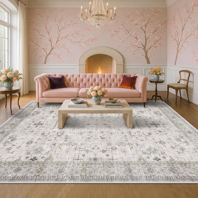Large 10x12 Living Room Rug - Vintage Light Gray & Sage Floral Area Rug for Dining Room, Washable Low Pile Bedroom Carpet, Modern Eclectic Geometric Decor & Stain Resistance