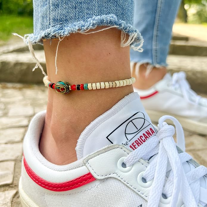 Made by Nami Boho Surfer Anklet Waterproof & Adjustable Beaded Anklets for Women Beachy Ankle Bracelet Made from Waxed Cotton Rope and Beads for Summer and Hippie Style