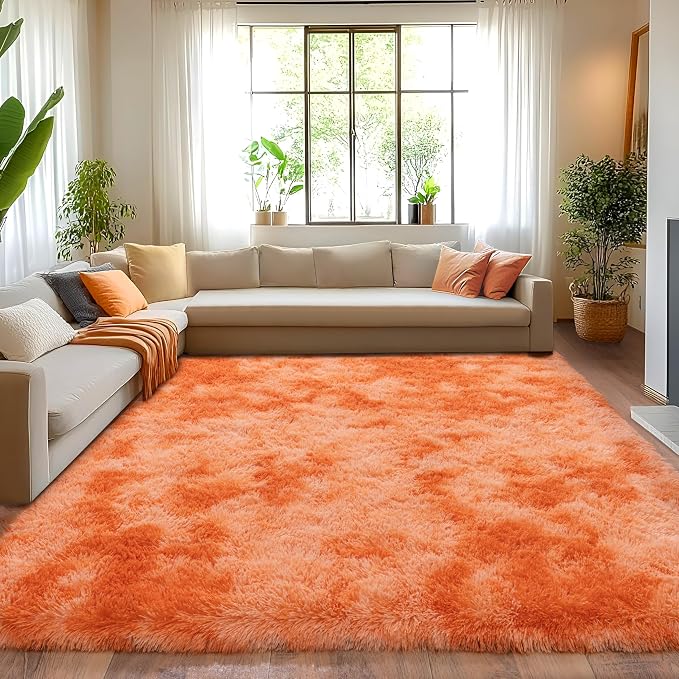 6x9 Large Area Rugs for Living Room, Fluffy Shag Rug for Bedroom | Shaggy Shag Carpet, Soft and Comfy, Non Slip Big Fuzzy Carpet for Kids Girls Boys Room Dorm Home Decor, Tie-Dyed Orange