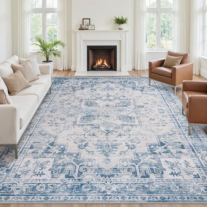 9x12 Area Rugs for Living Room:Blue Washable Vintage Medallion Boho Rug Non-Slip No Slip Stain Resistant Soft Low Pile Large Rugs Indoor Retro Carpet for Bedroom Nursery Dining (Blue Grey 9'x12')