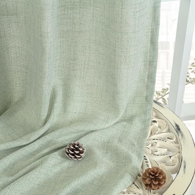 YoungsTex Sage Green Kitchen Window Curtains, Short Linen Drapes with Bronze Grommet Light Filtering Semi Sheer for Bathroom Windows, 42 x 40 Inch, 2 Panels