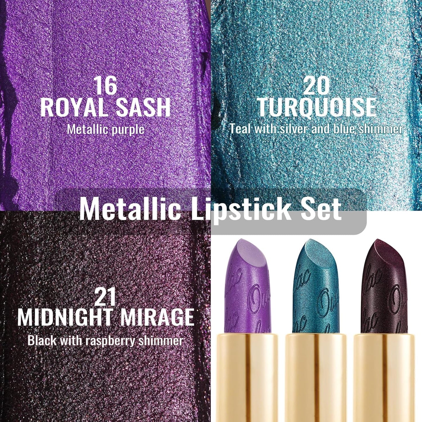 Oulac Metallic Lipstick Set 3PCS High Impact Lipcolor with Moisturizing Formula, Vegan Beauty, Full-Coverage Lip Color, Gift Lipstick for Women, 4.3g X 3PCS, 16+20+21