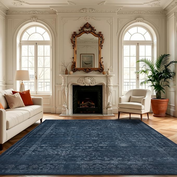 Ruaruarug Area Rug 8'×10', Non Slip Machine Washable Ultra Soft Stain & Fade Resistant, Pet & Kids Friendly, for Living Room/Bedroom/Kitchen/Classroom, Dark Blue