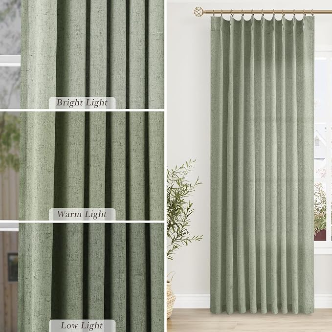 Sage Green Pinch Pleated Linen Curtains 84 Inch Length 2 Panels for Living Room Bedroom Light Filtering Green Semi Sheer Window Curtain Boho Back Tab Pinch Pleat Drape with Hooks 84 Inches Long
