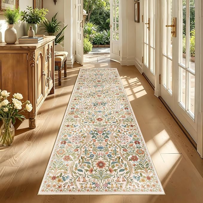 3x10 Washable Runner Rug,Beige Floral Boho Area Rug for Hallway,Low-Pile Non-Slip Stain Resistant Long Carpet for Kitchen, Bedside,Laundry Room,Entryway