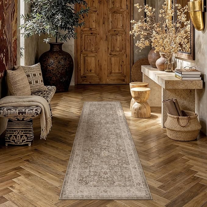 HUGEAR 2x6 Runner Rug Taupe Machine Washable Rug Room Decor Vintage Distressed Hallway Rugs Low Pile Carpet Non Slip Washable Rugs for Kitchen Laundry Room Living Soft Lightweight