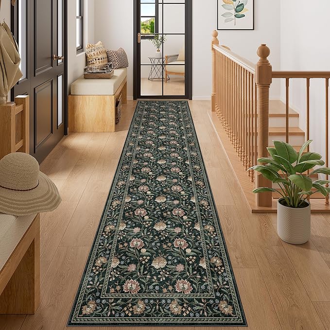 DUKINO 2x10 Runner Rug for Hallway, Washable Vintage Floral Rug, Dark Green | Non Slip, Low Pile, Non-Shedding, Stain Resistant Soft Long Runner Carpet for Kitchen Bathroom Entryway Bedroom Farmhouse
