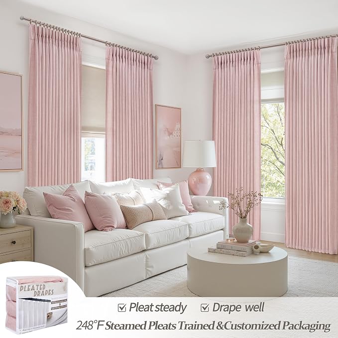 Pretty Light Pink Semi Sheer Curtains 96 Inches Long for Living Room 2 Panels Set, Memory Shaped Pinch Pleated 8 FT Faux Linen Light-Filtering Nursery Curtain Back Tab Elegent Window Drapes W40 x L96