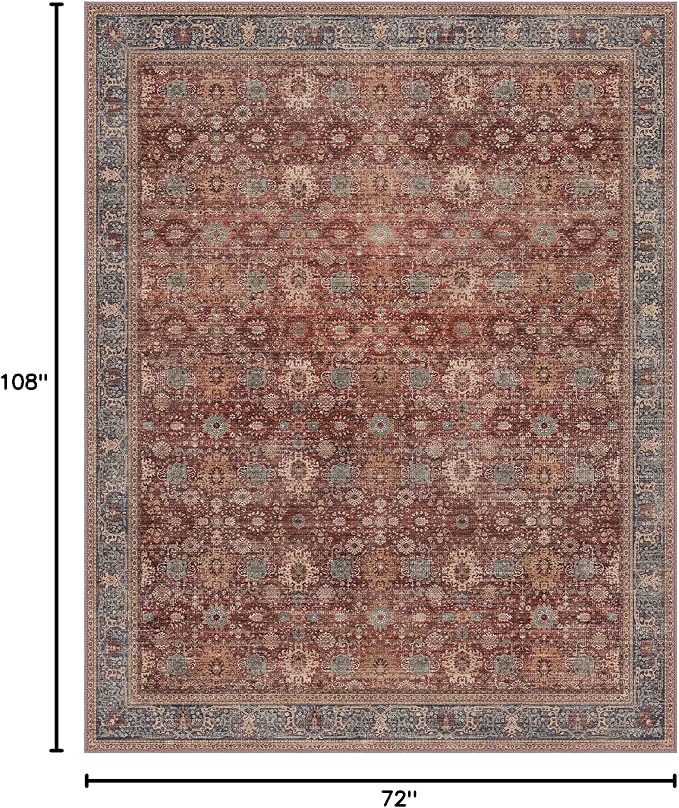 BESBLEE 6X9 Area Rugs Machine Washable Rugs for Living Room, Vintage Boho Large Rugs for Bedroom Dining Room, Non Slip Indoor Soft Distressed Lightweight Thin Low Pile Carpet, Red Brown