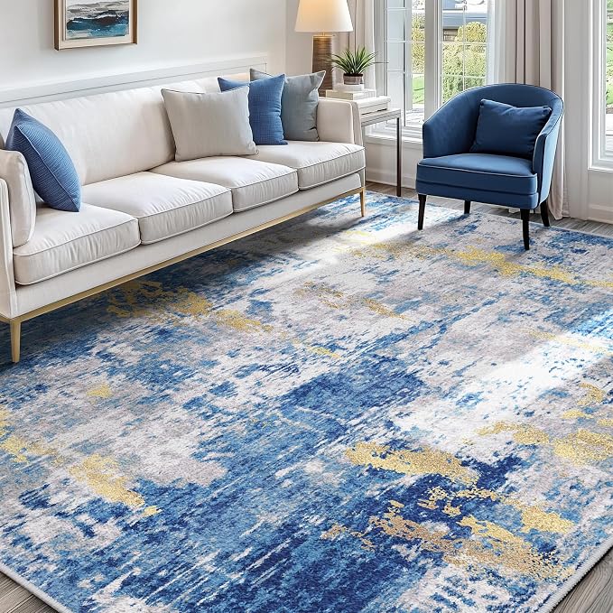 RELEANY Washable Area Rugs7'x9' Non-Slip Modern Abstract Soft for Living Room Entryway Bedroom Kitchen, Print Pattern, Grey Blue Gold/Golden
