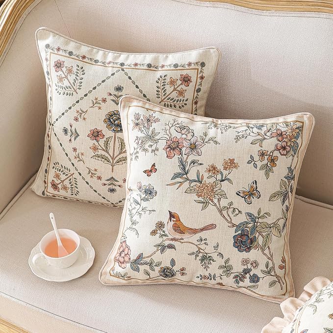 ISAENNE Designer Linen Throw Pillow Cover,Set of 2,18"x18"-Cornucopia A | Elegant French Square Pillow Cover,Concealed Zipper,Floral and Bird Pattern,Sofas,Bedroom,Living Room,Lounge Chairs