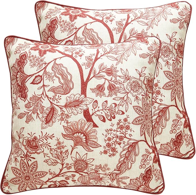 ISAENNE Designer Linen Square Throw Pillow Cover,Set of 2,18"x18"-Ruyi A | Vintage French Elegant Pillow Cover,Concealed Zipper Design,Red Floral Pattern,Sofa,Bedroom,Living Room,Lounge Chairs