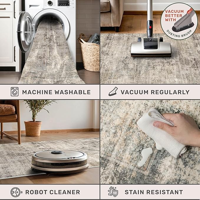 3x5 Entryway Rugs Indoor - Taupe Washable Farmhouse Area Rug for Bedroom, Kitchen, Laundry Room, Brown Vintage Home Décor, Low Pile & Soft Stain Resistant Carpet