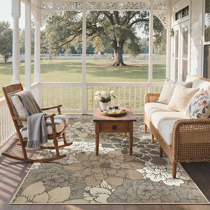 GENIMO 5x8 Outdoor Rug, Washable for Patio and Deck, Coffee Beige | Floral design for porch; fade resistant chenille with quick-dry non-slip backing for indoor sunroom