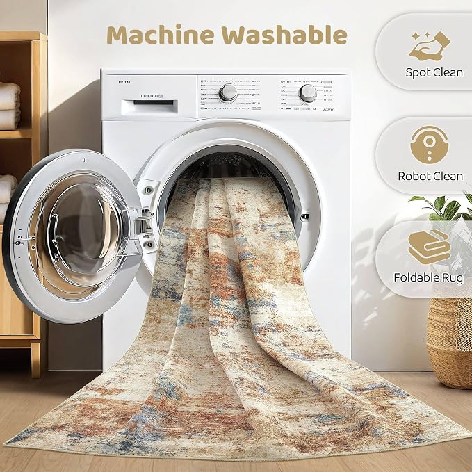 5x7 Area Rugs Washable Rug: Large Abstract Modern Soft Stain Resistant Indoor Floor Non-Slip Accent Carpet for Living Room Bedroom Nursery Playroom Dining Room Office Dorm Home House- Blue Orange