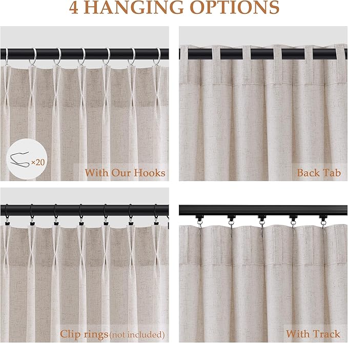 Aersas Pinch Pleated Linen Cream Curtains 96 Inches Long for Living Room 2 Panel Set Ivory Pleat Semi Sheer Curtain Back Tab with Hooks Neutral Boho Modren Drapes for Bedroom Window, 40x96