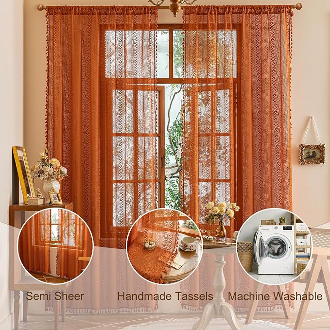 Sutuo Home Boho Lace Curtains 2 Panels for Living Room Bedroom, Orange Semi Sheer Curtains Privacy Vintage Chic Tassels Bohemian Style French Country Rod Pocket Halloween Decor, 50" x 90" Terracotta